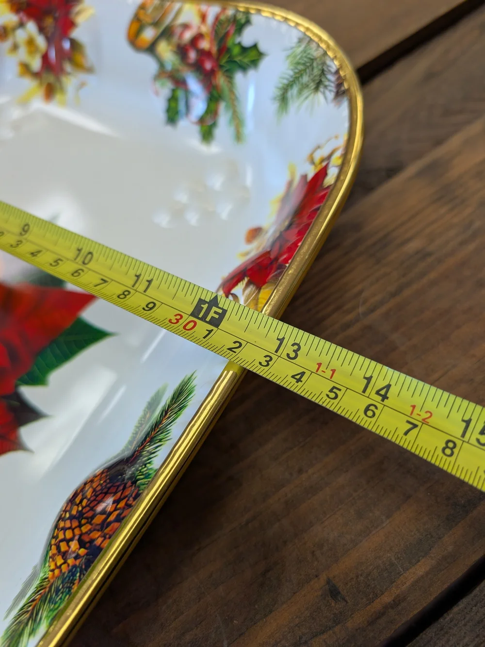 Vintage Christmas Poinsettia Serving Tray Platter Gold Rim Thick Plastic 16
